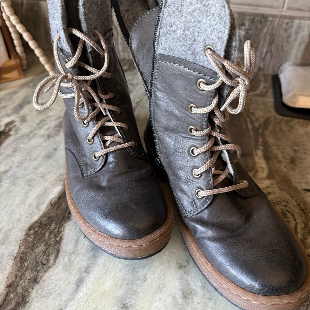Rieker Dark Gray Lace-Up Leather Ankle Boots with Tan Trim